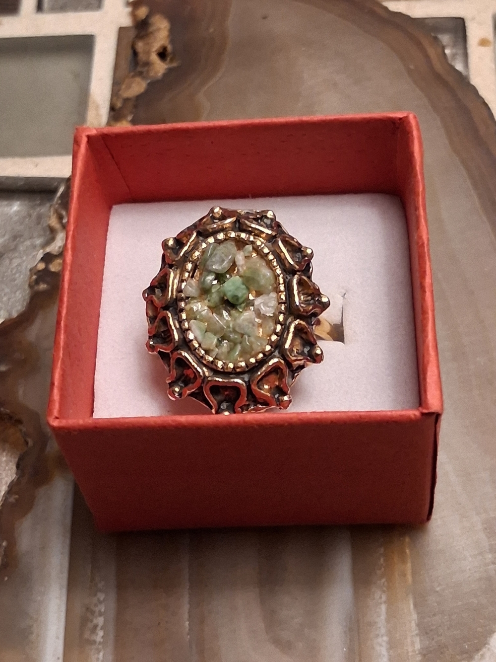 Gold-Tone Green Stone Cluster Cocktail Ring